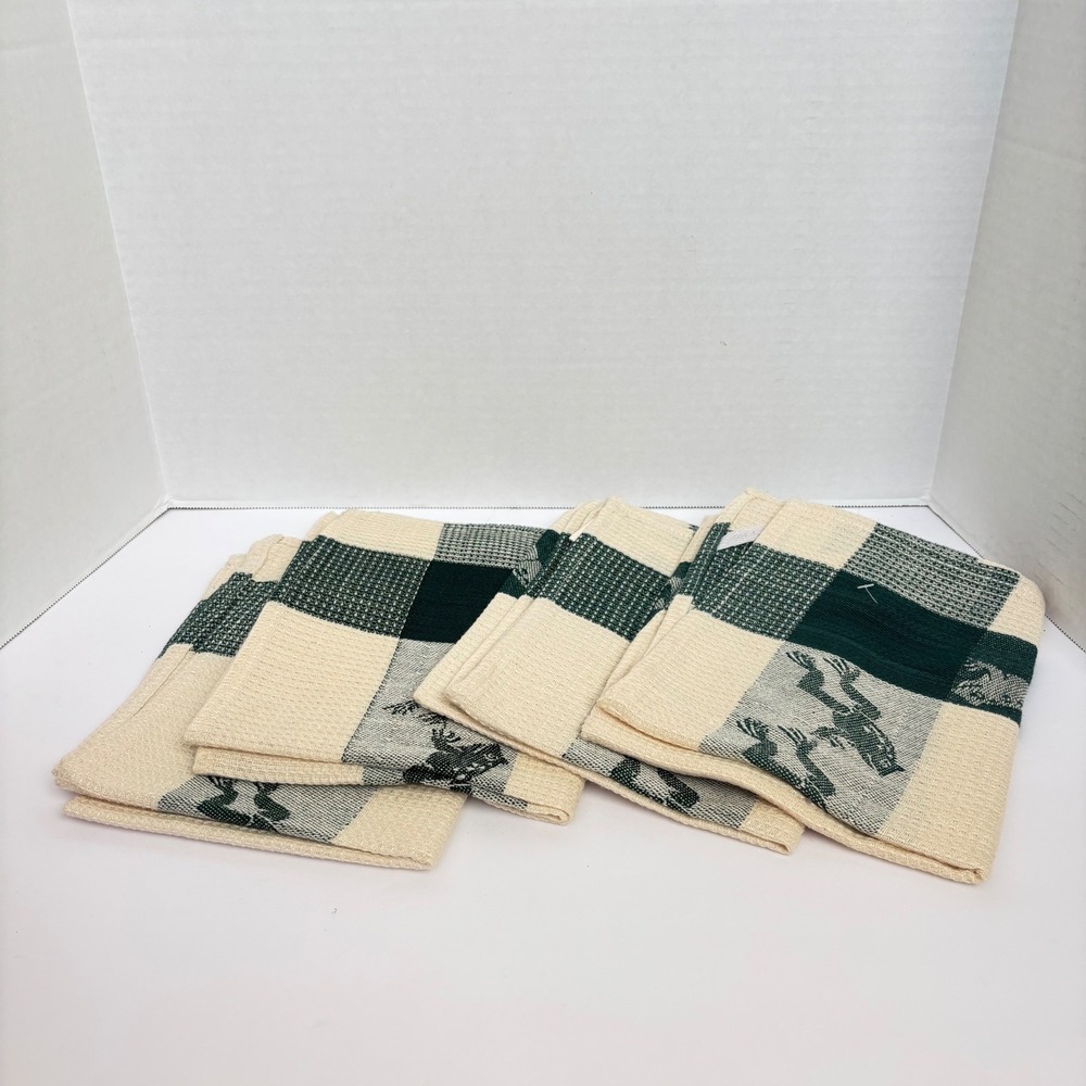 Kitchen Towels Set 4 Frogs Cotton Waffle Green Cream New